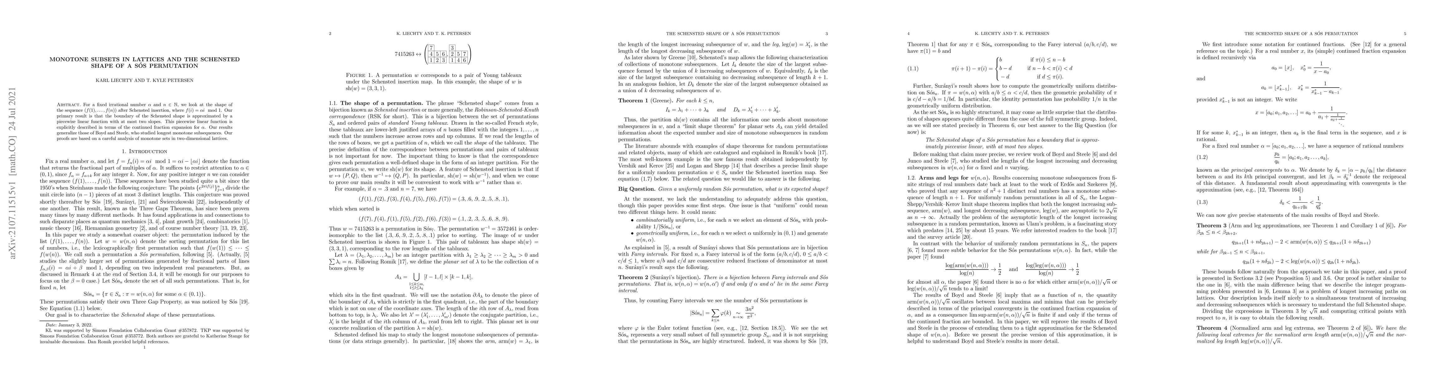 Thumbnail for Monotone subsets in lattices and the Schensted shape of a S\'os
  permutation