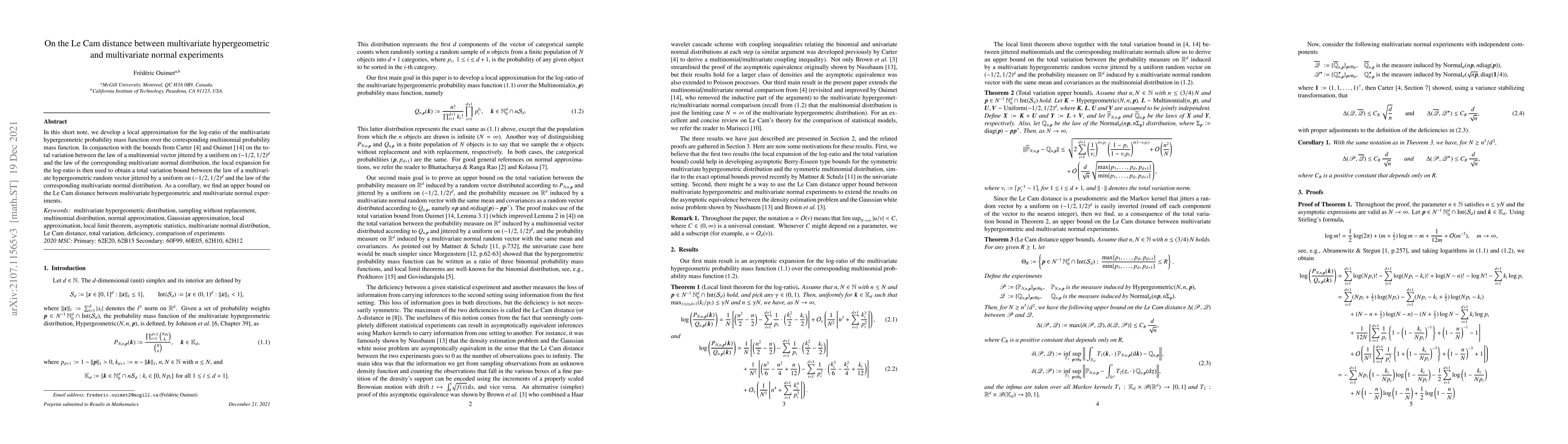 Thumbnail for On the Le Cam distance between multivariate hypergeometric and
  multivariate normal experiments