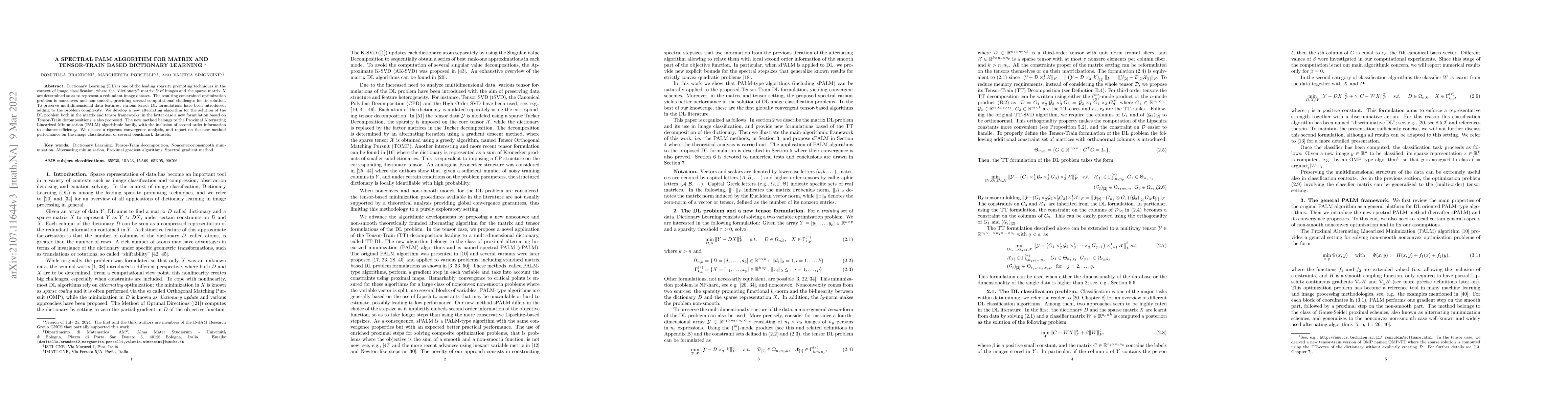 Thumbnail for A spectral PALM algorithm for matrix and tensor-train based Dictionary
  Learning