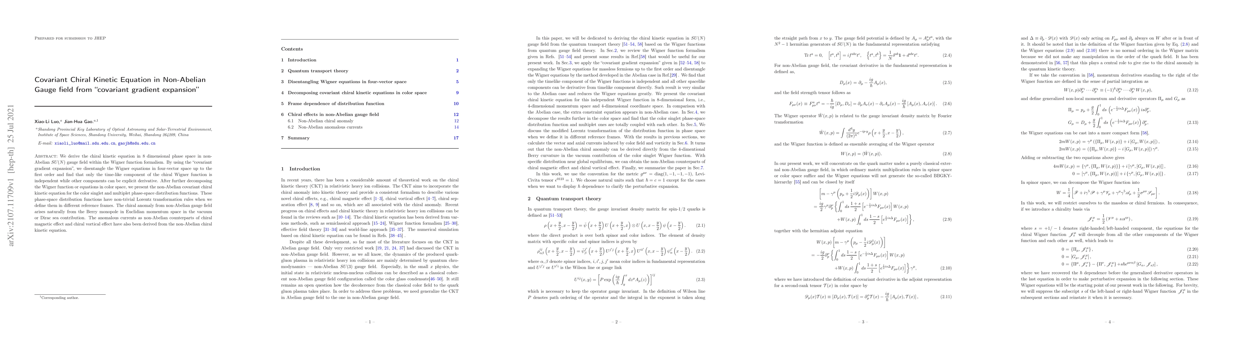 Thumbnail for Covariant Chiral Kinetic Equation in Non-Abelian Gauge field from
  "covariant gradient expansion"