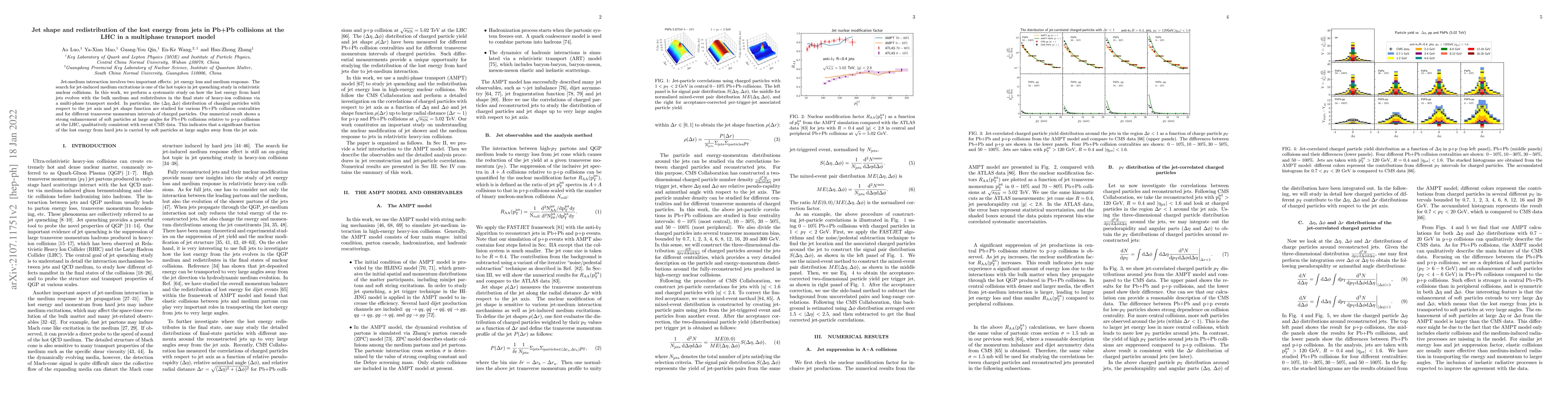 Thumbnail for Jet shape and redistribution of the lost energy from jets in Pb+Pb
  collisions at the LHC in a multiphase transport model