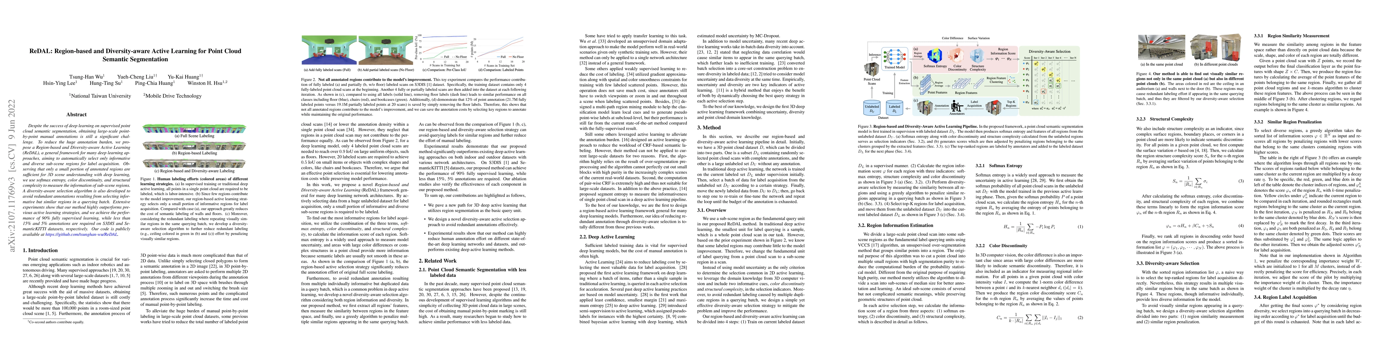 Thumbnail for ReDAL: Region-based and Diversity-aware Active Learning for Point Cloud
  Semantic Segmentation