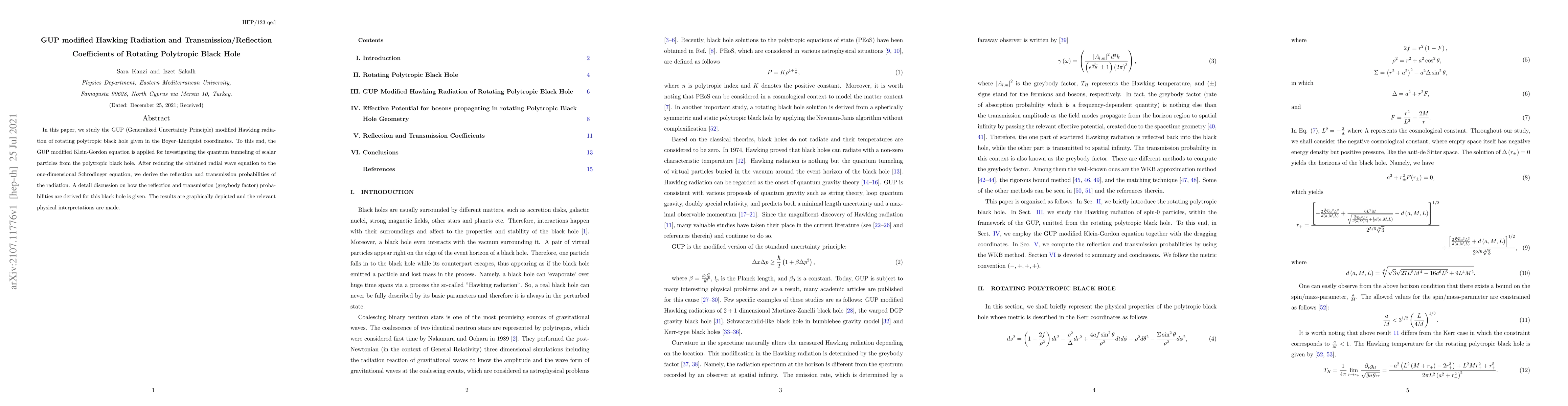 Thumbnail for GUP modified Hawking Radiation and Transmission/Reflection Coefficients
  of Rotating Polytropic Black Hole