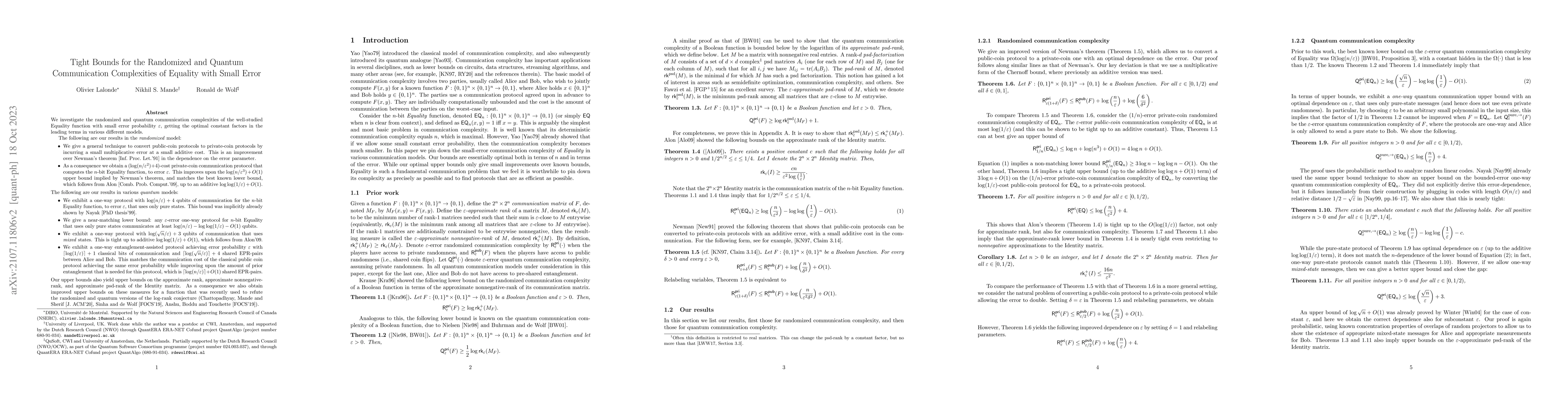Thumbnail for Tight Bounds for the Randomized and Quantum Communication Complexities
  of Equality with Small Error
