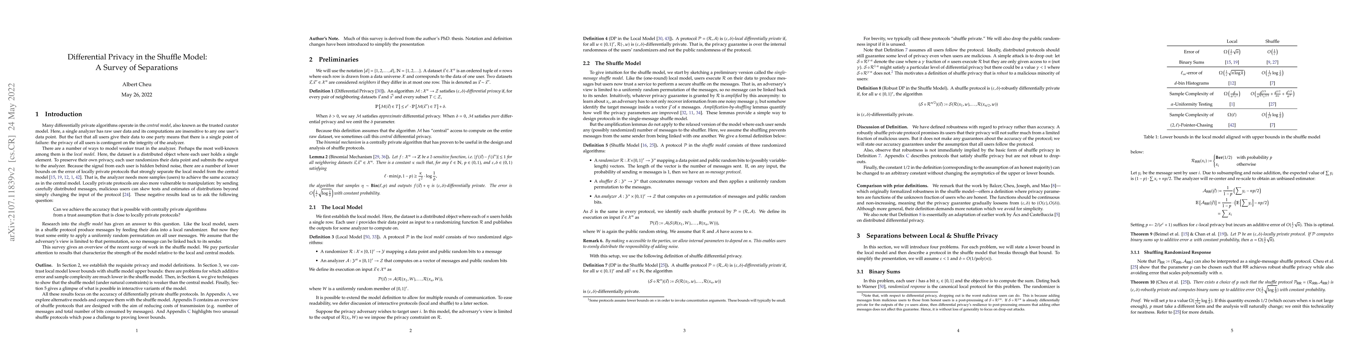 Thumbnail for Differential Privacy in the Shuffle Model: A Survey of Separations