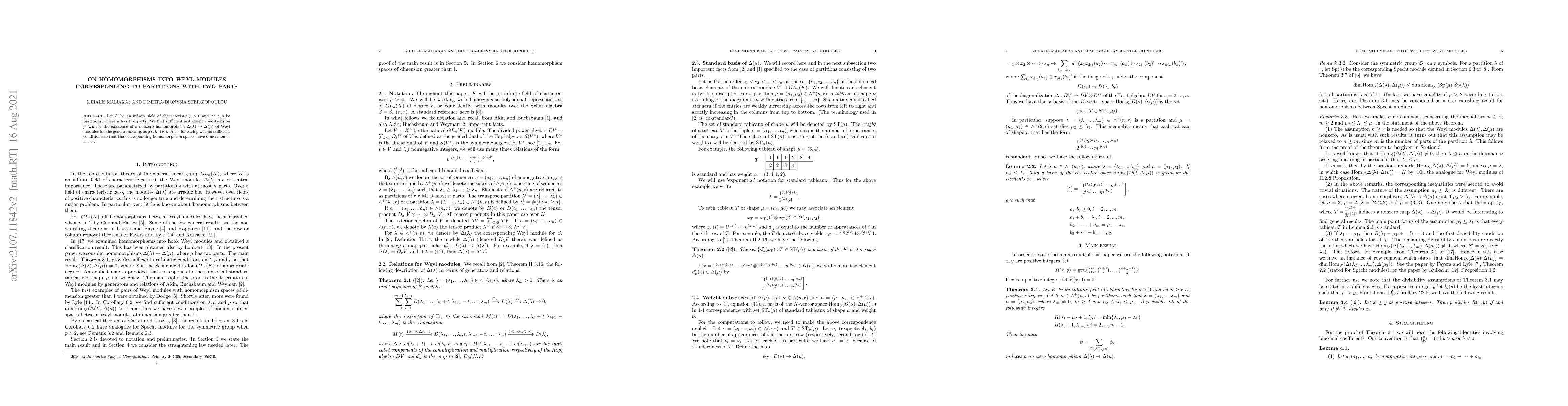 Thumbnail for On homomorphisms into Weyl modules corresponding to partitions with two
  parts