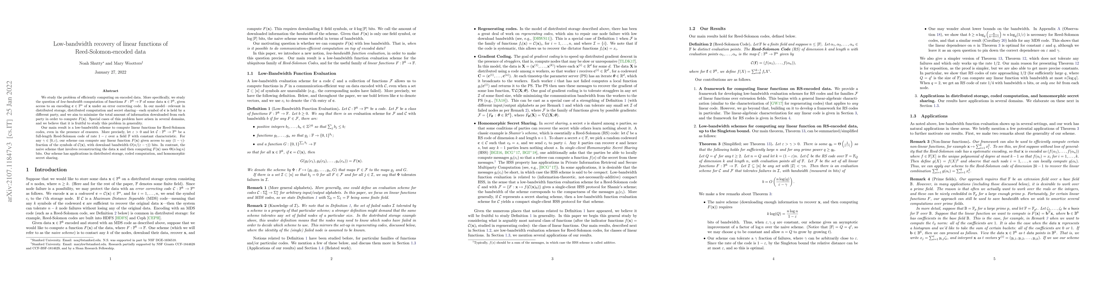 Thumbnail for Low-bandwidth recovery of linear functions of Reed-Solomon-encoded data