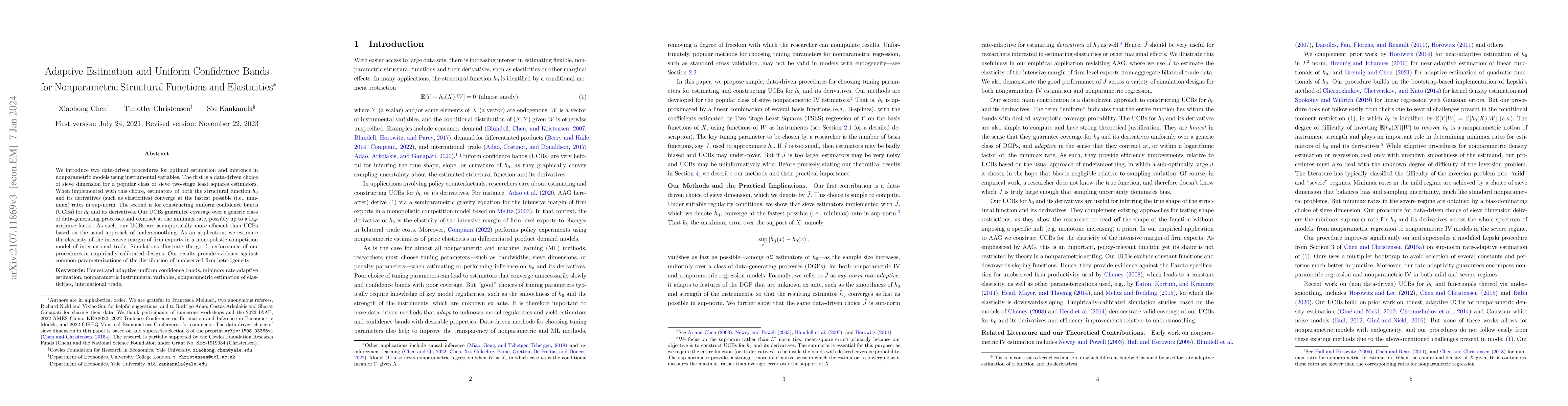 Thumbnail for Adaptive Estimation and Uniform Confidence Bands for Nonparametric
  Structural Functions and Elasticities