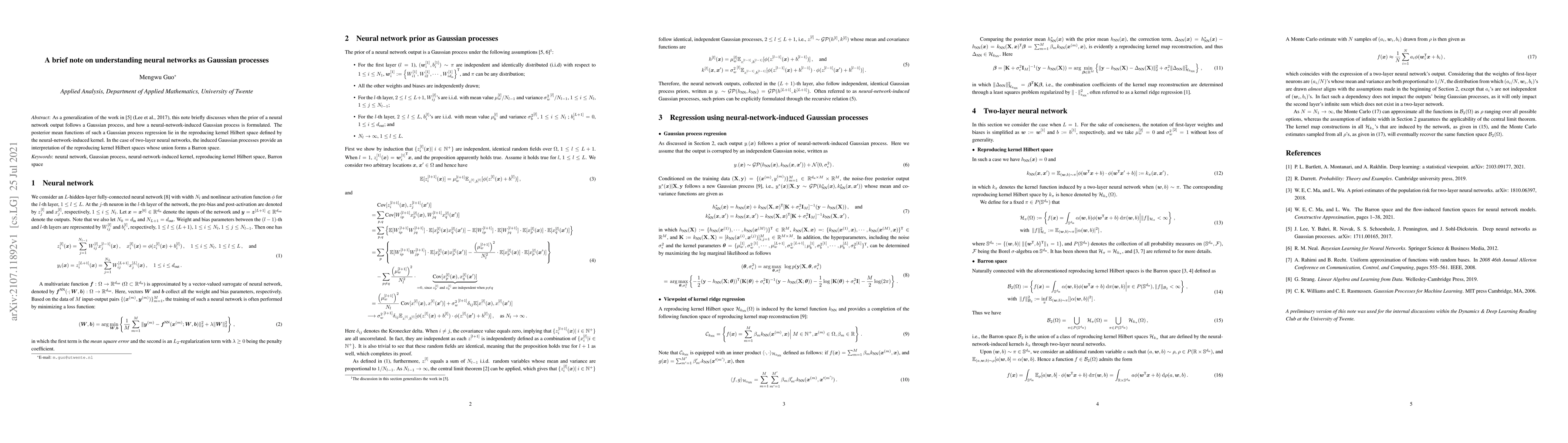 Thumbnail for A brief note on understanding neural networks as Gaussian processes
