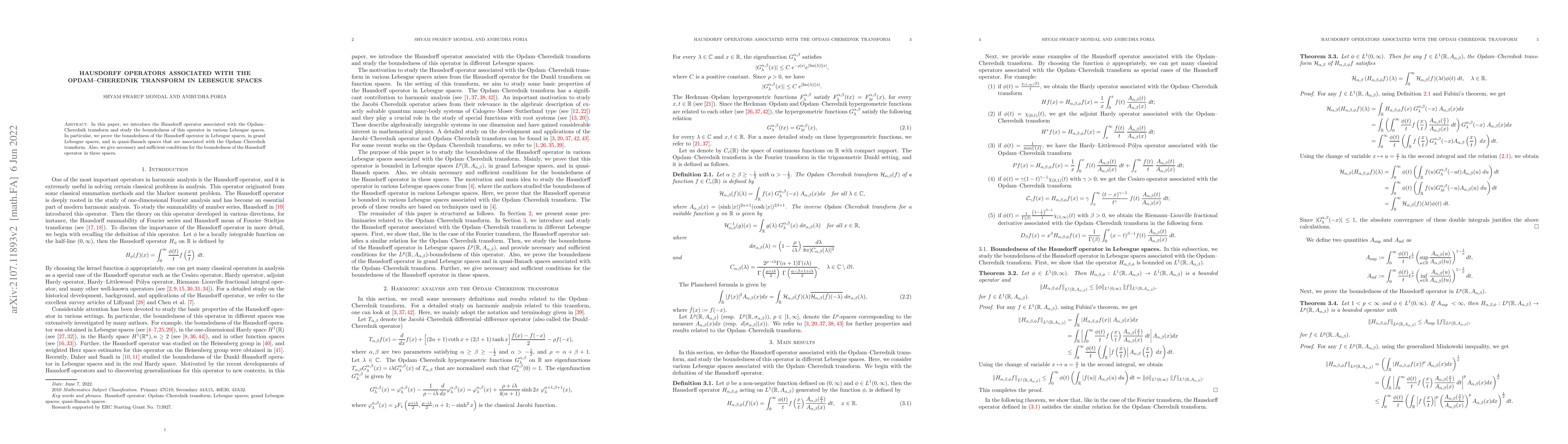 Thumbnail for Hausdorff operators associated with the Opdam--Cherednik transform in
  Lebesgue spaces