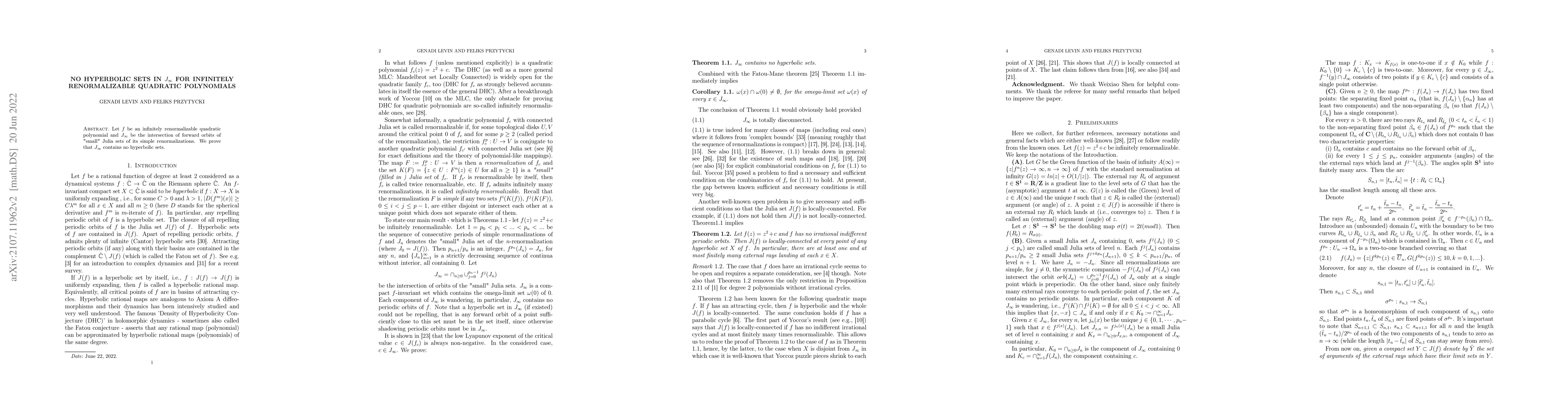Thumbnail for No hyperbolic sets in J_\infty for infinitely renormalizable quadratic
  polynomials
