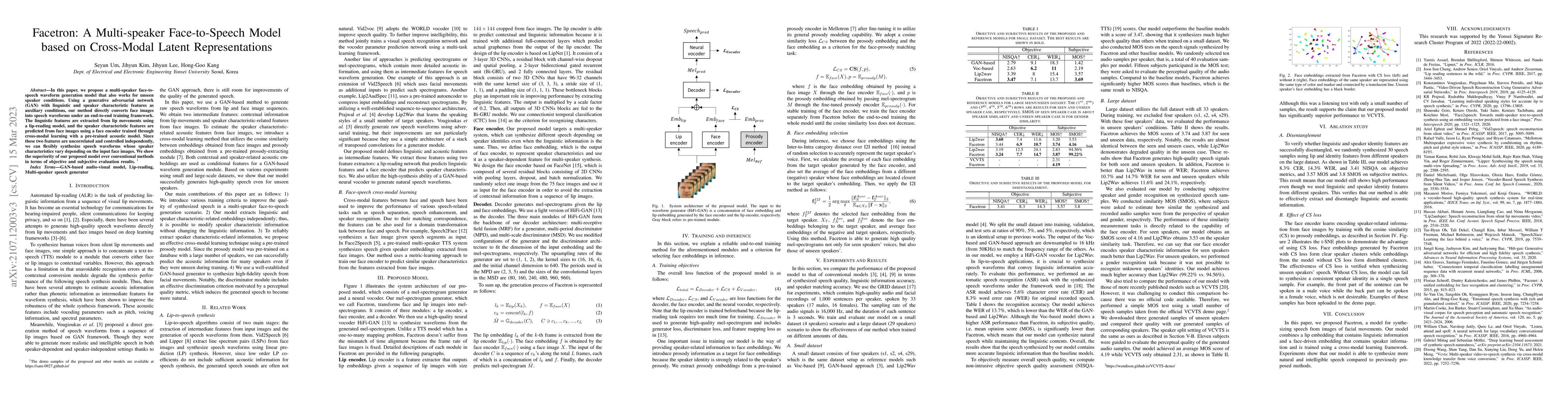 Thumbnail for Facetron: A Multi-speaker Face-to-Speech Model based on Cross-modal
  Latent Representations