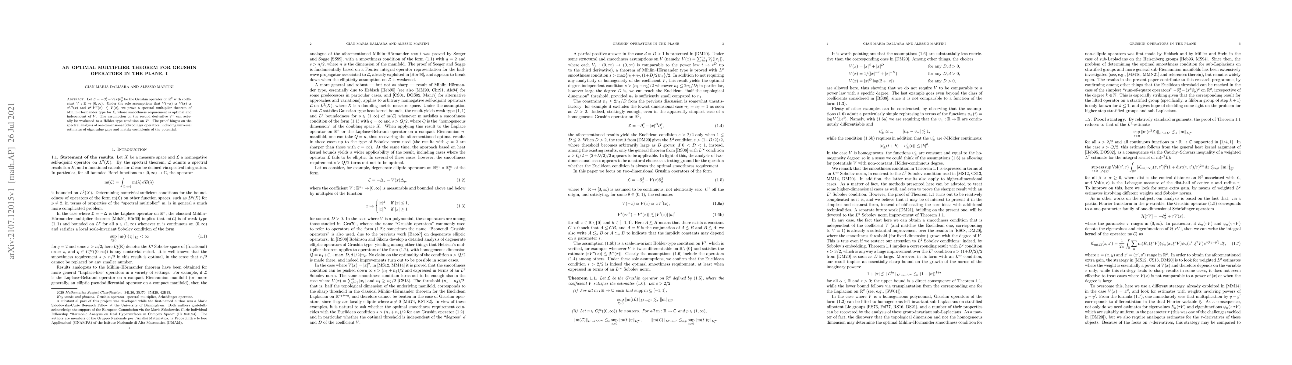 Thumbnail for An optimal multiplier theorem for Grushin operators in the plane, I