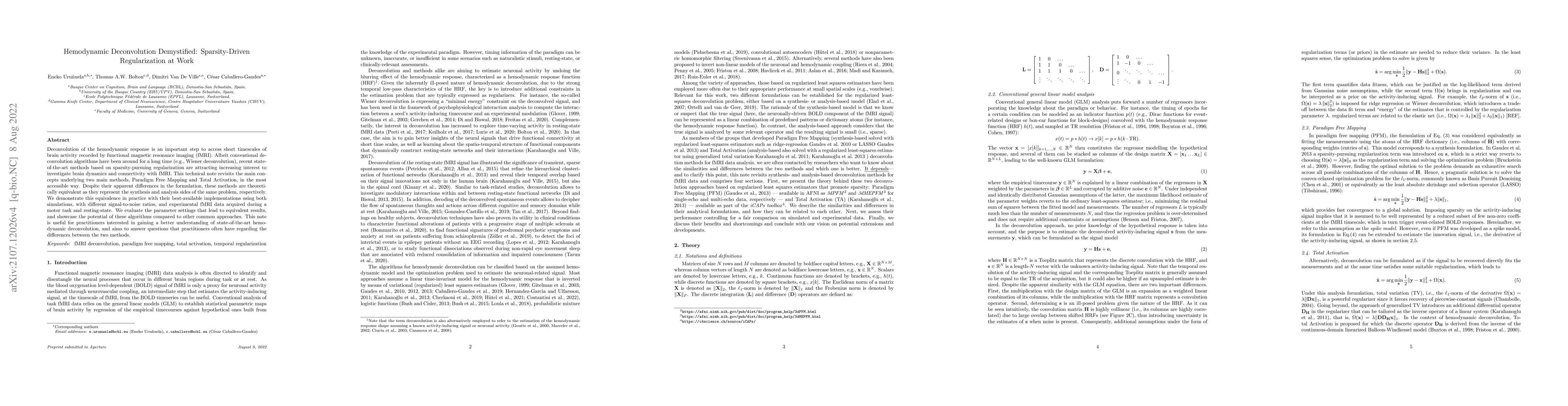 Thumbnail for Hemodynamic Deconvolution Demystified: Sparsity-Driven Regularization at
  Work