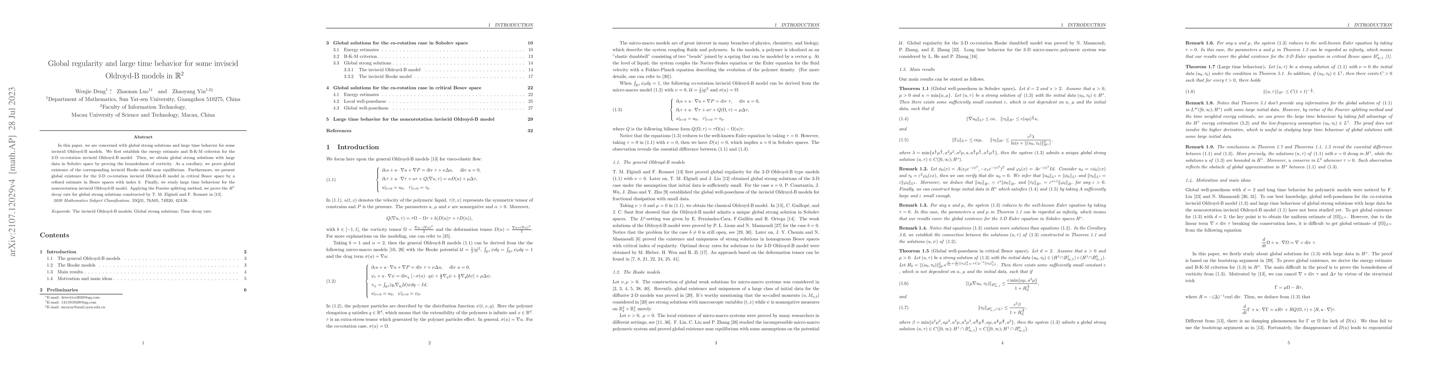 Thumbnail for Global regularity and large time behavior for some inviscid Oldroyd-B
  models in $\mathbb{R}^2$