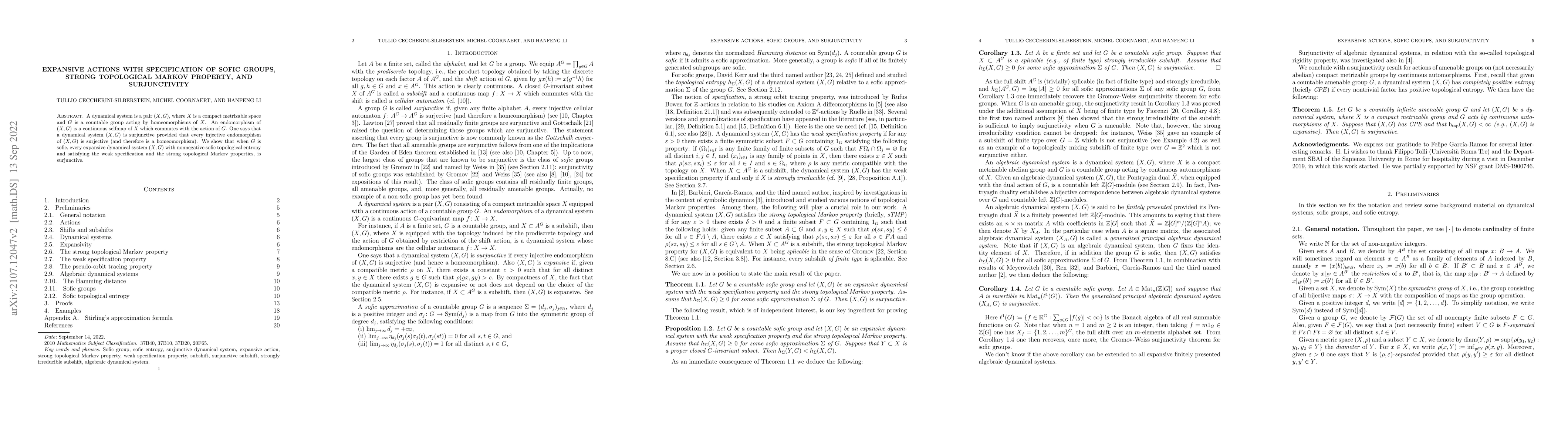 Thumbnail for Expansive actions with specification of sofic groups, strong topological
  Markov property, and surjunctivity