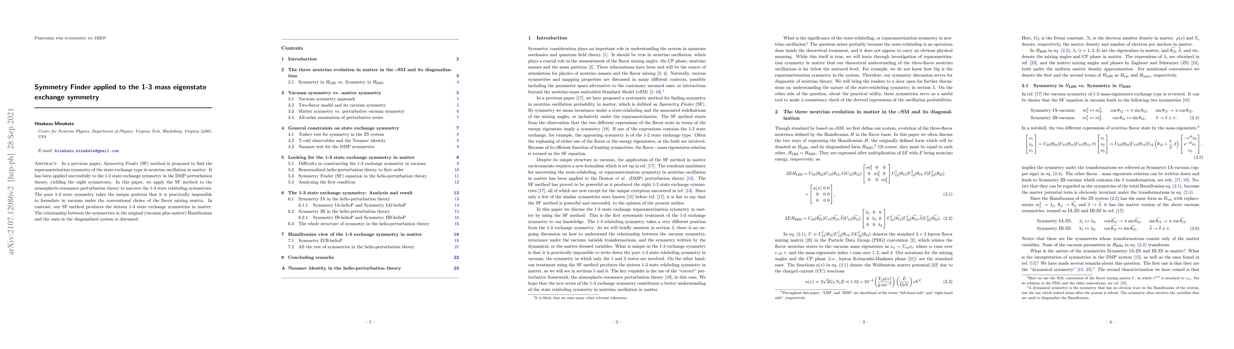 Thumbnail for Symmetry Finder applied to the 1-3 mass eigenstate exchange symmetry