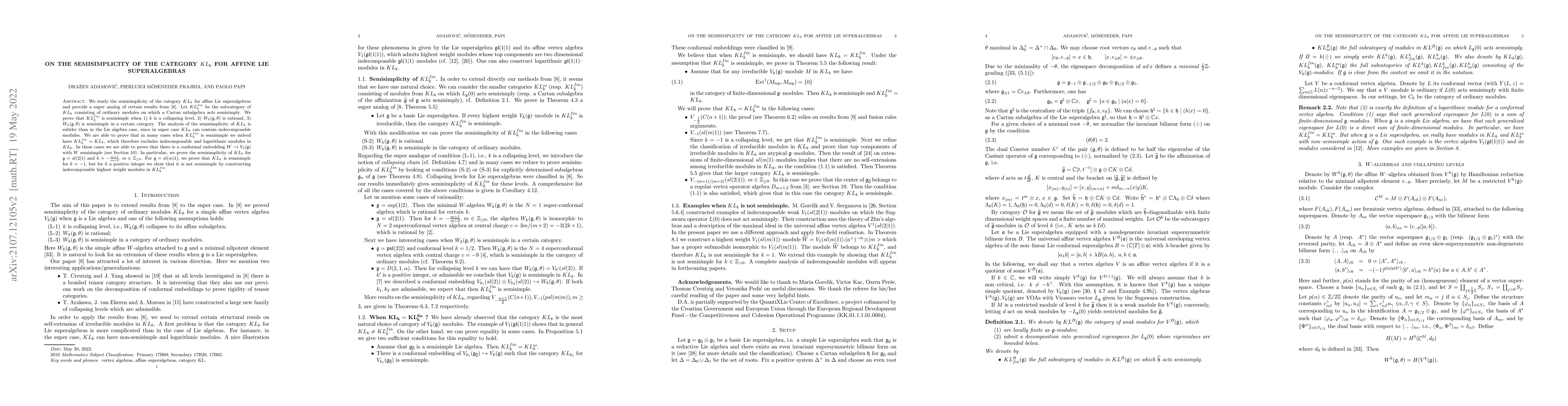 Thumbnail for On the semisimplicity of the category $KL_k$ for affine Lie
  superalgebras