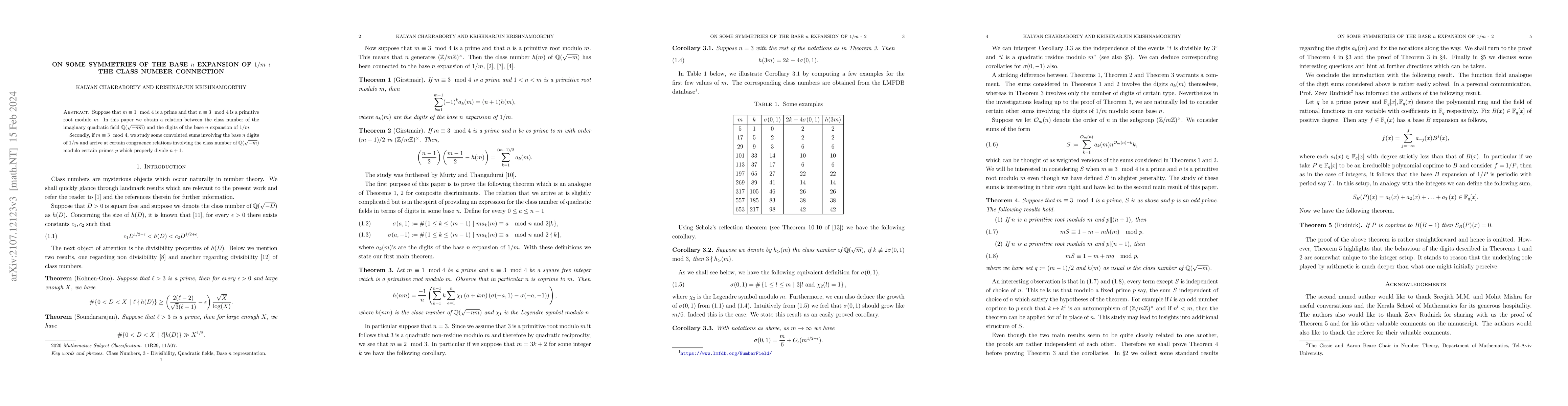 Thumbnail for On some symmetries of the base $ n $ expansion of $ 1/m $ : The Class
  Number connection