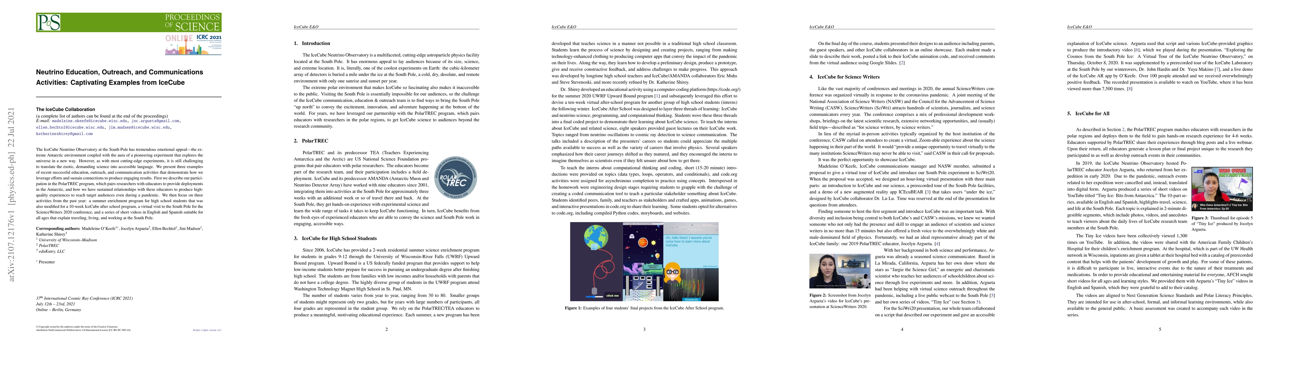 Thumbnail for Neutrino Education, Outreach, and Communications Activities: Captivating
  Examples from IceCube