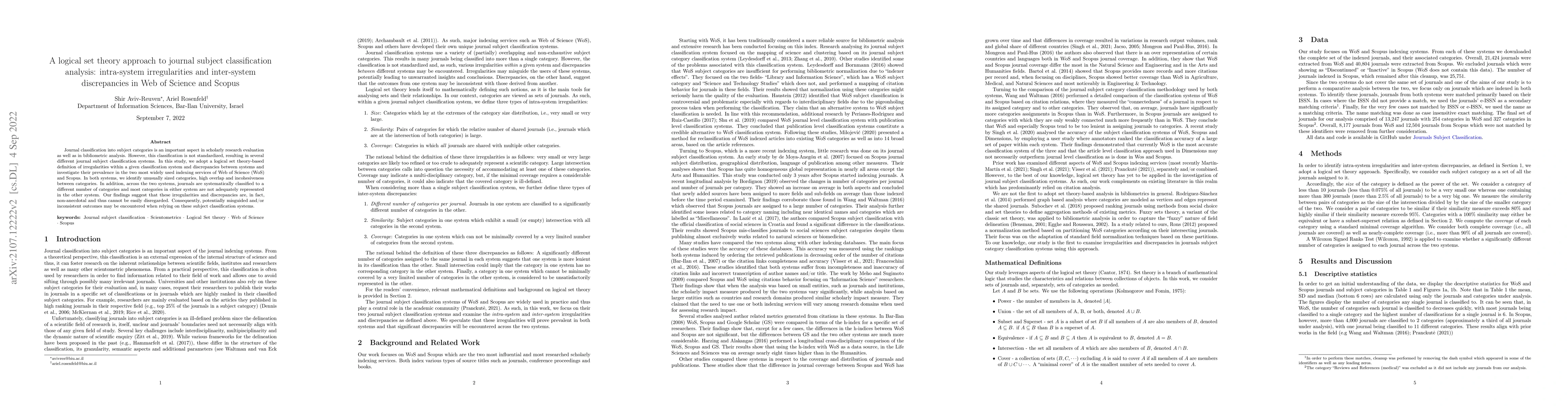 Thumbnail for A logical set theory approach to journal subject classification
  analysis: intra-system irregularities and inter-system discrepancies in Web
  of Science and Scopus