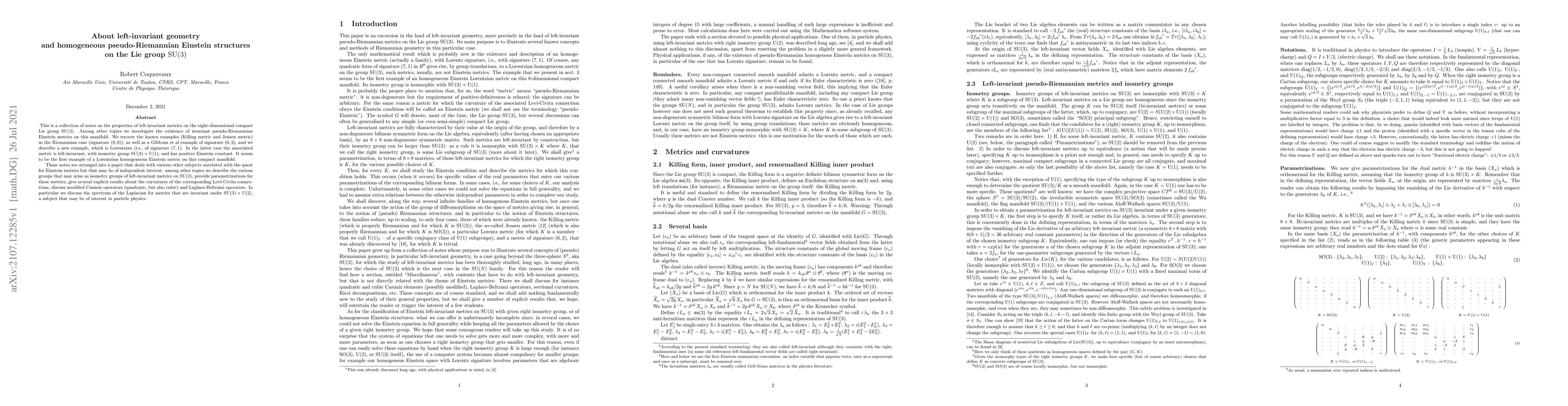 Thumbnail for About left-invariant geometry and homogeneous pseudo-Riemannian Einstein
  structures on the Lie group SU(3)