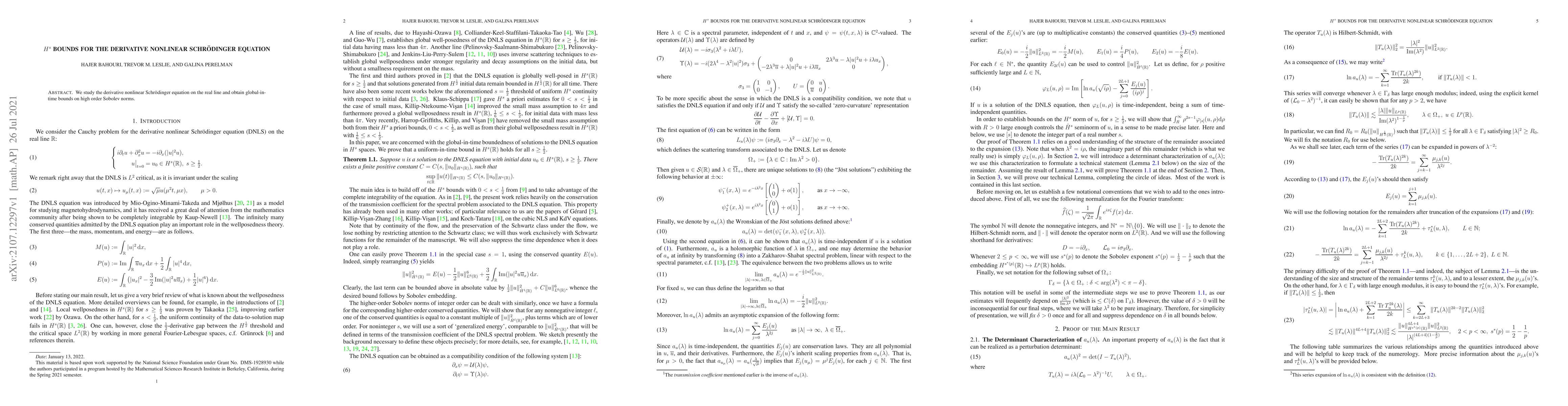 Thumbnail for $H^s$ Bounds for the Derivative Nonlinear Schr\"odinger Equation
