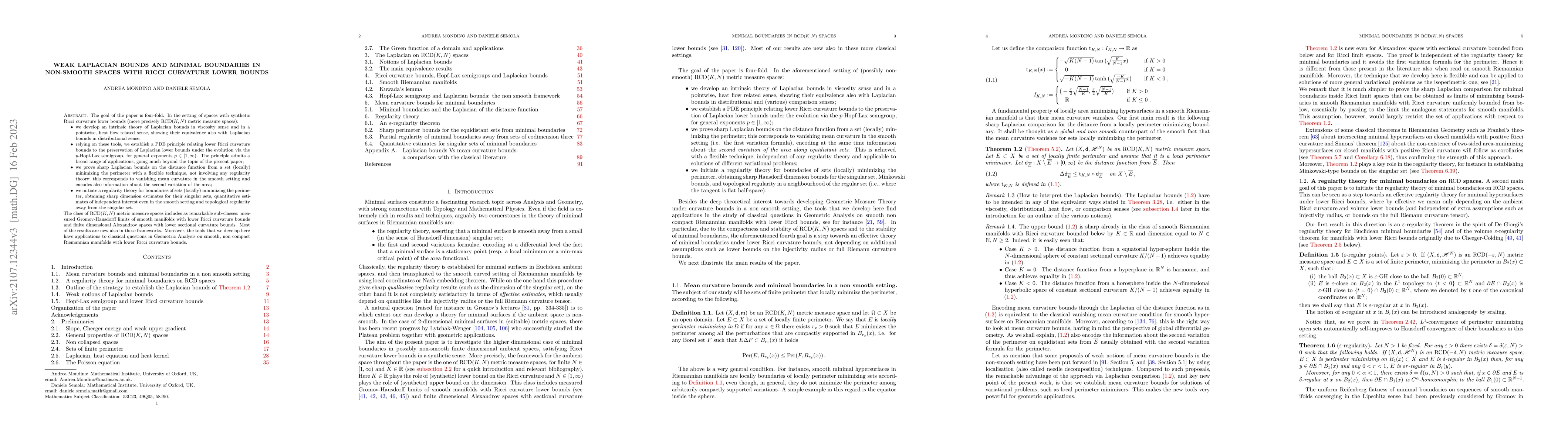 Thumbnail for Weak Laplacian bounds and minimal boundaries in non-smooth spaces with
  Ricci curvature lower bounds