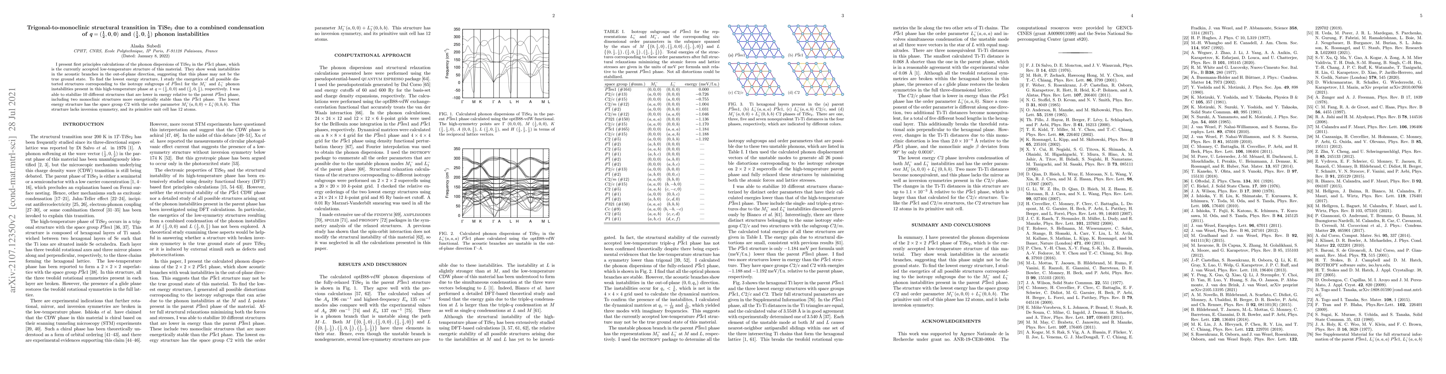 Thumbnail for Trigonal-to-monoclinic structural transition in TiSe$_2$ due to a
  combined condensation of $\mathbf{ \textit{q} = (\frac{1}{2},0,0)}$ and
  $\mathbf{(\frac{1}{2},0,\frac{1}{2})}$ phonon instabilities