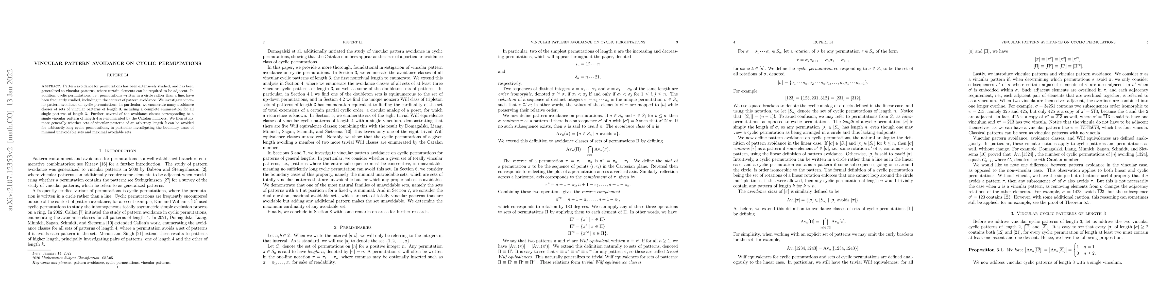 Thumbnail for Vincular Pattern Avoidance on Cyclic Permutations