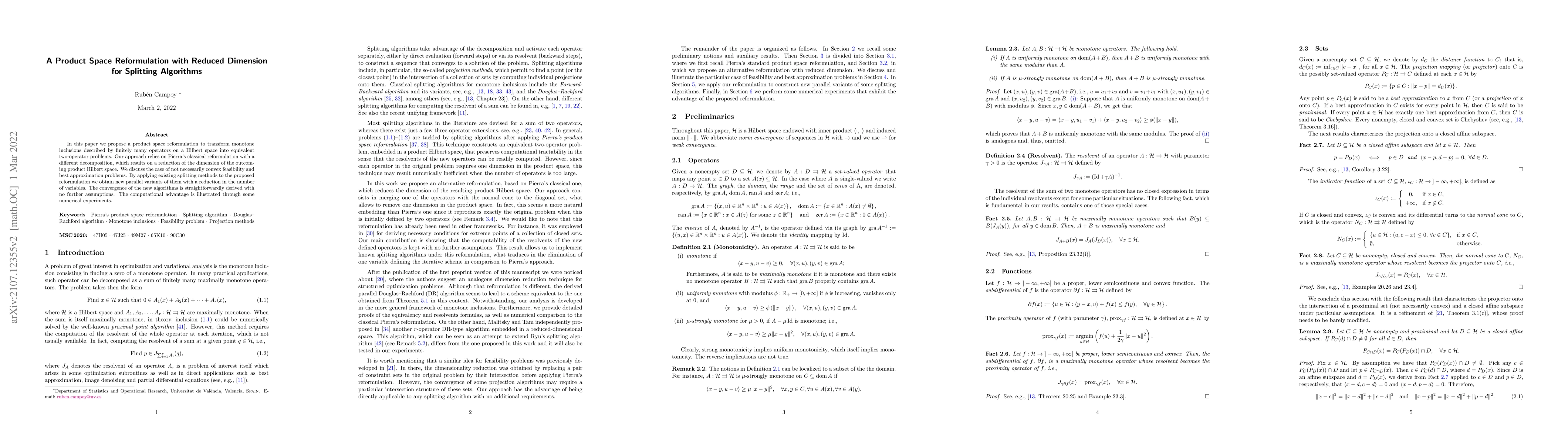 Thumbnail for A Product Space Reformulation with Reduced Dimension for Splitting
  Algorithms