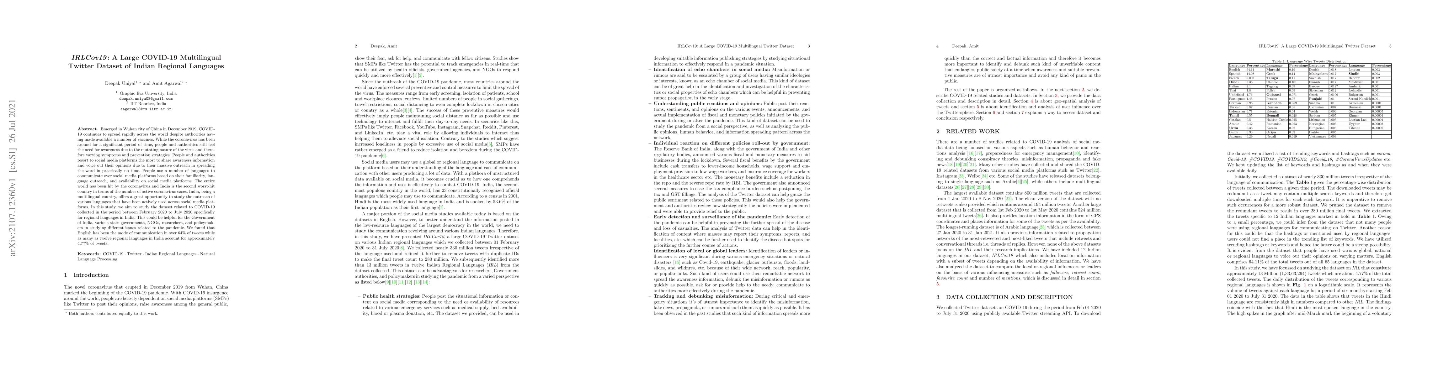 Thumbnail for IRLCov19: A Large COVID-19 Multilingual Twitter Dataset of Indian
  Regional Languages