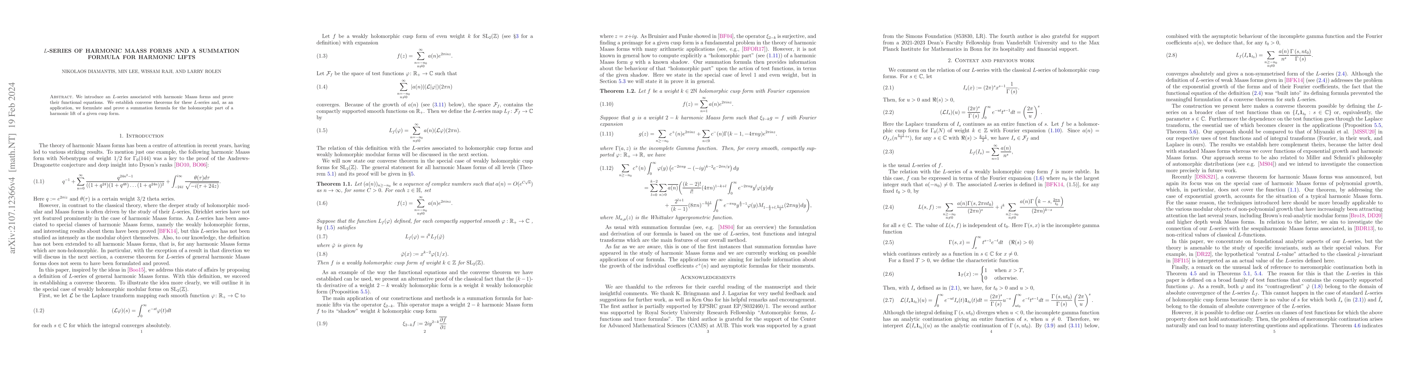 Thumbnail for L-series of harmonic Maass forms and a summation formula for harmonic
  lifts