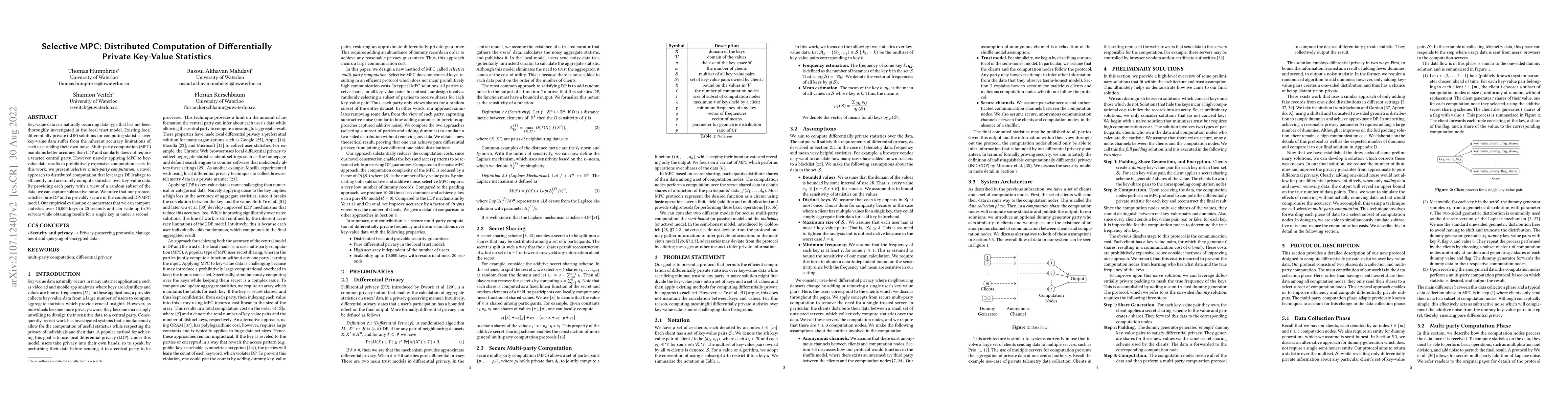 Thumbnail for Selective MPC: Distributed Computation of Differentially Private
  Key-Value Statistics