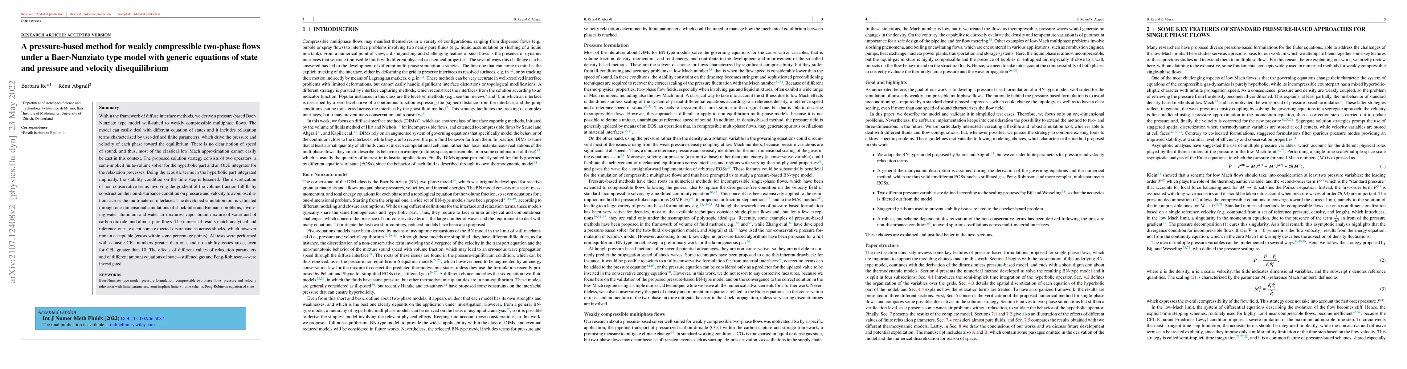 Thumbnail for A pressure-based method for weakly compressible two-phase flows under a
  Baer-Nunziato type model with generic equations of state and pressure and
  velocity disequilibrium
