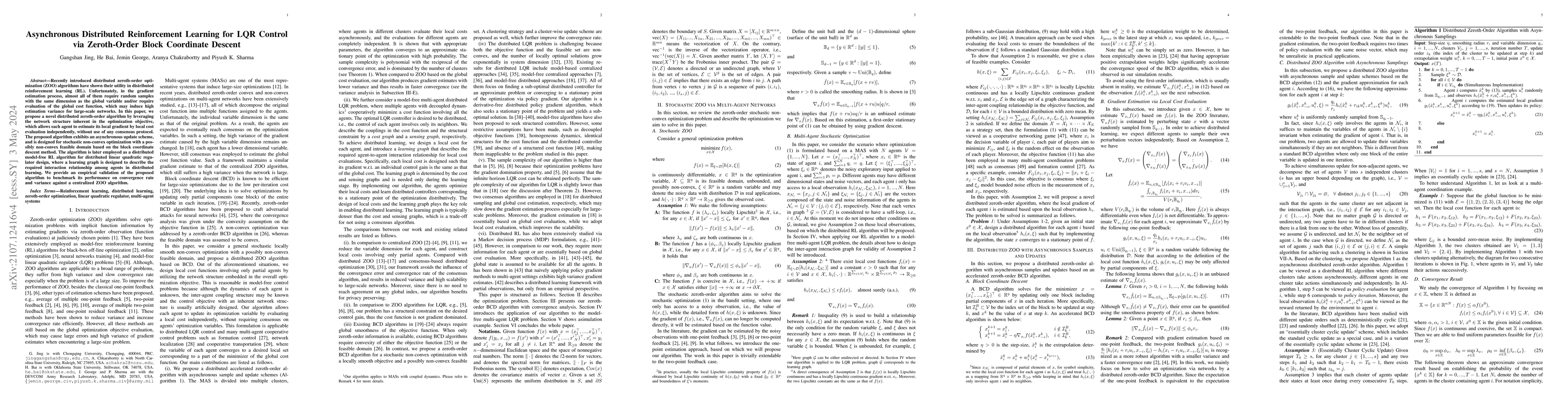 Thumbnail for Asynchronous Distributed Reinforcement Learning for LQR Control via
  Zeroth-Order Block Coordinate Descent