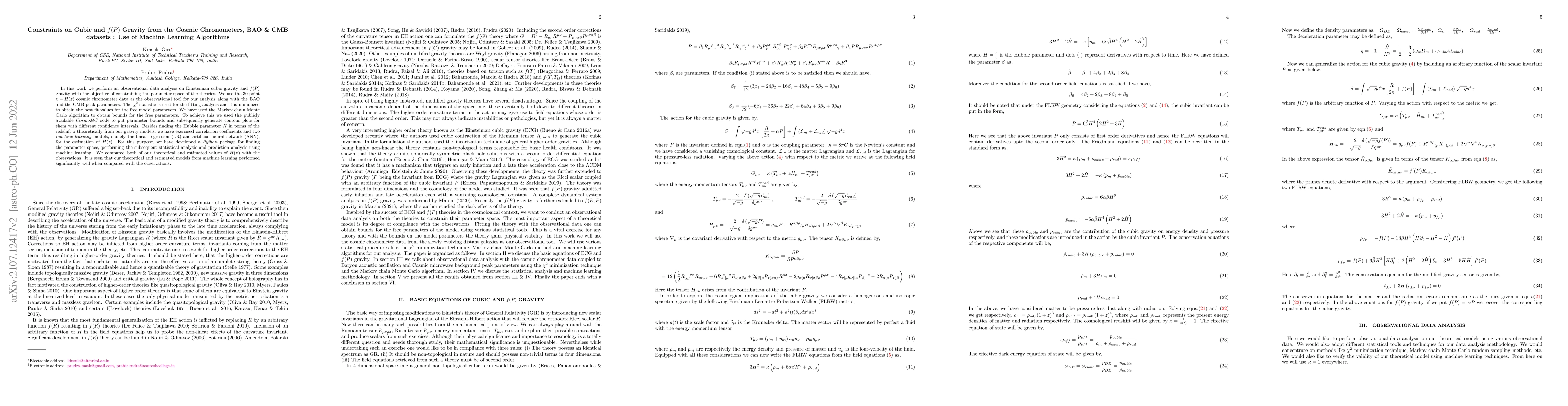 Thumbnail for Constraints on Cubic and $f(P)$ Gravity from the Cosmic Chronometers,
  BAO & CMB datasets : Use of Machine Learning Algorithms