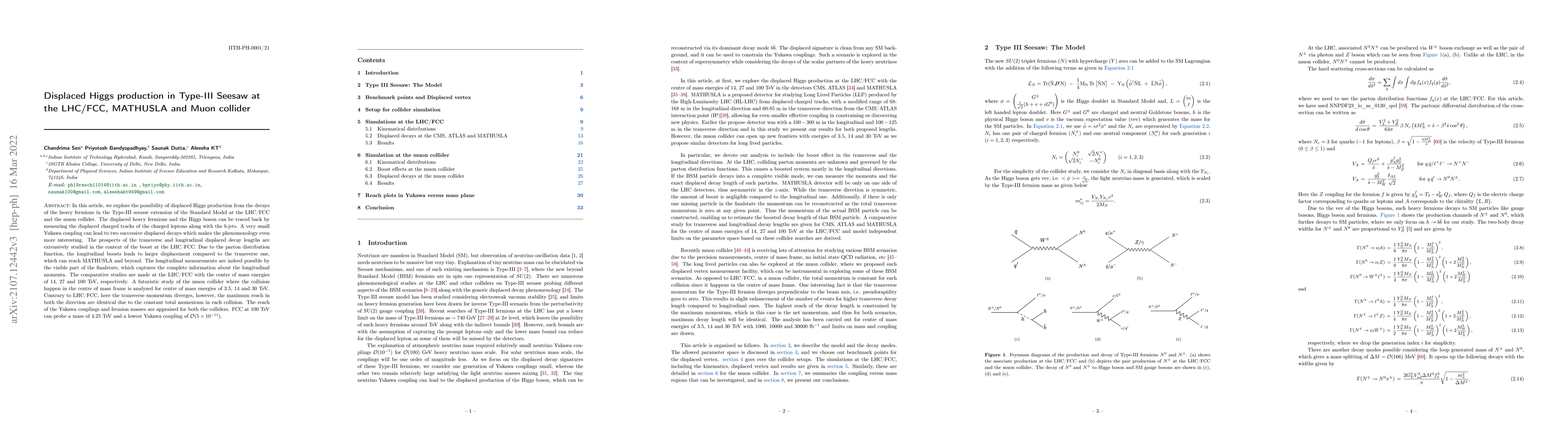 Thumbnail for Displaced Higgs production in Type-III Seesaw at the LHC/FCC, MATHUSLA
  and Muon collider