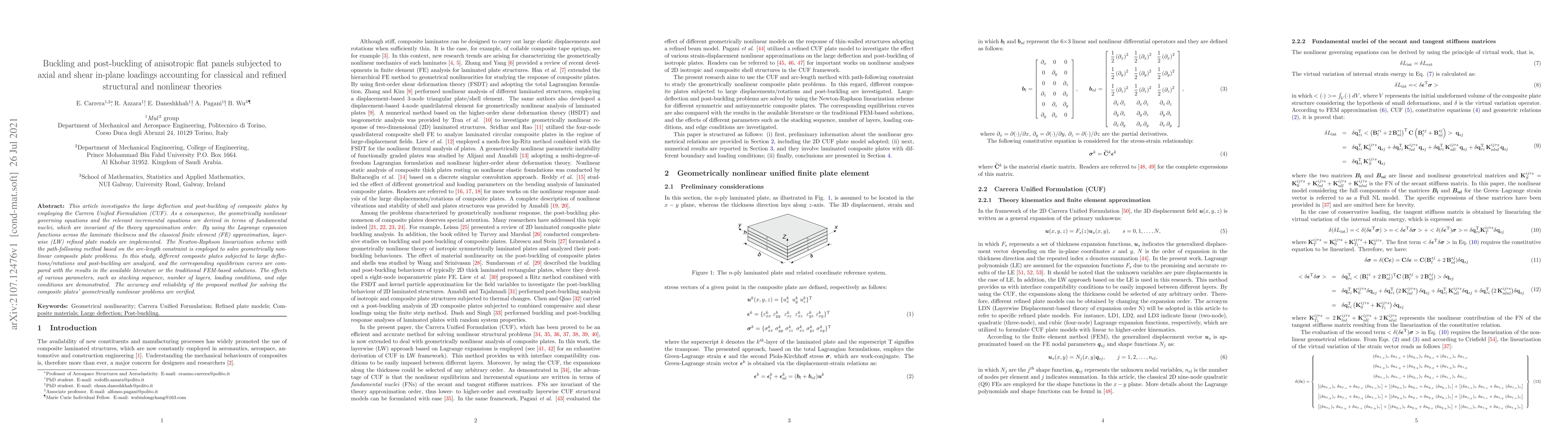 Thumbnail for Buckling and post-buckling of anisotropic at panels subjected to axial
  and shear in-plane loadings accounting for classical and refined structural
  and nonlinear theories