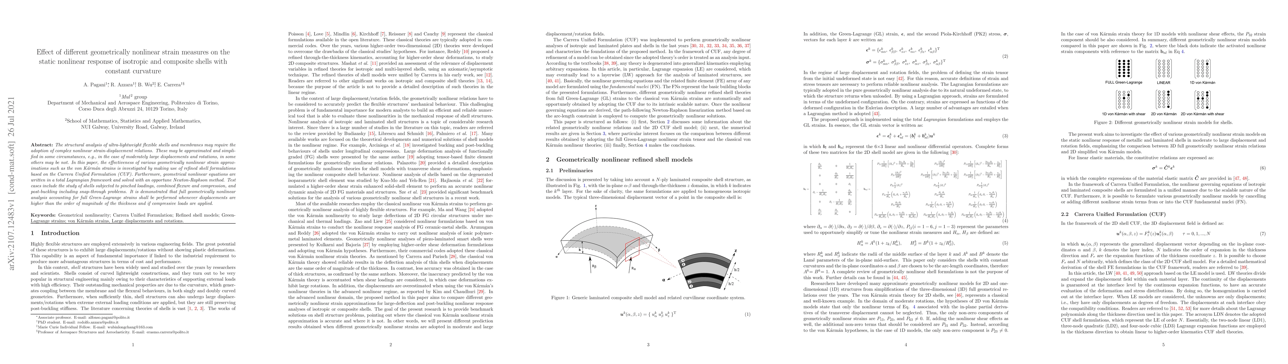 Thumbnail for Effect of different geometrically nonlinear strain measures on the
  static nonlinear response of isotropic and composite shells with constant
  curvature
