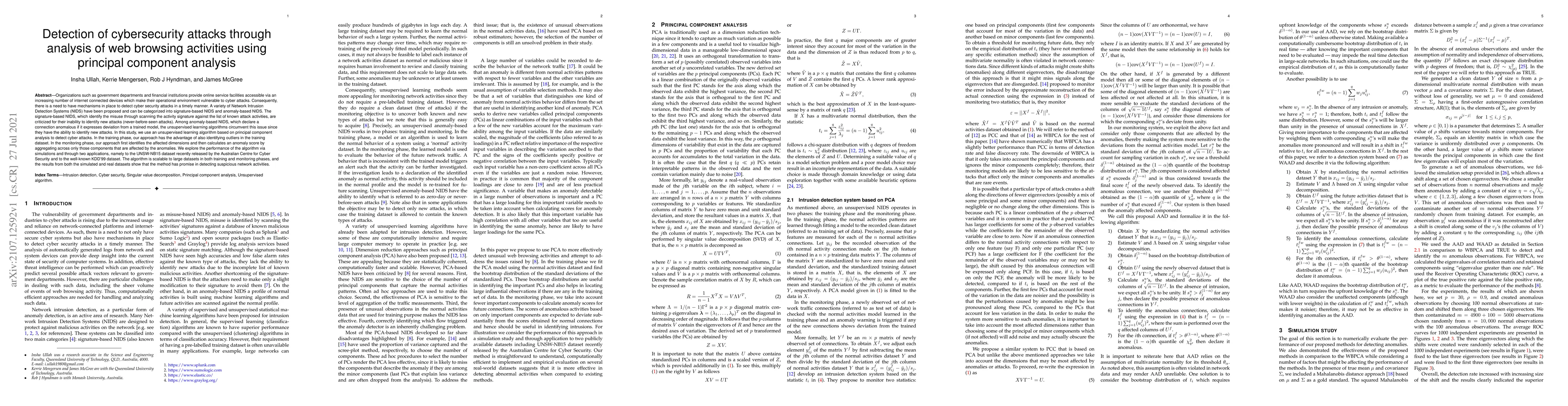 Thumbnail for Detection of cybersecurity attacks through analysis of web browsing
  activities using principal component analysis