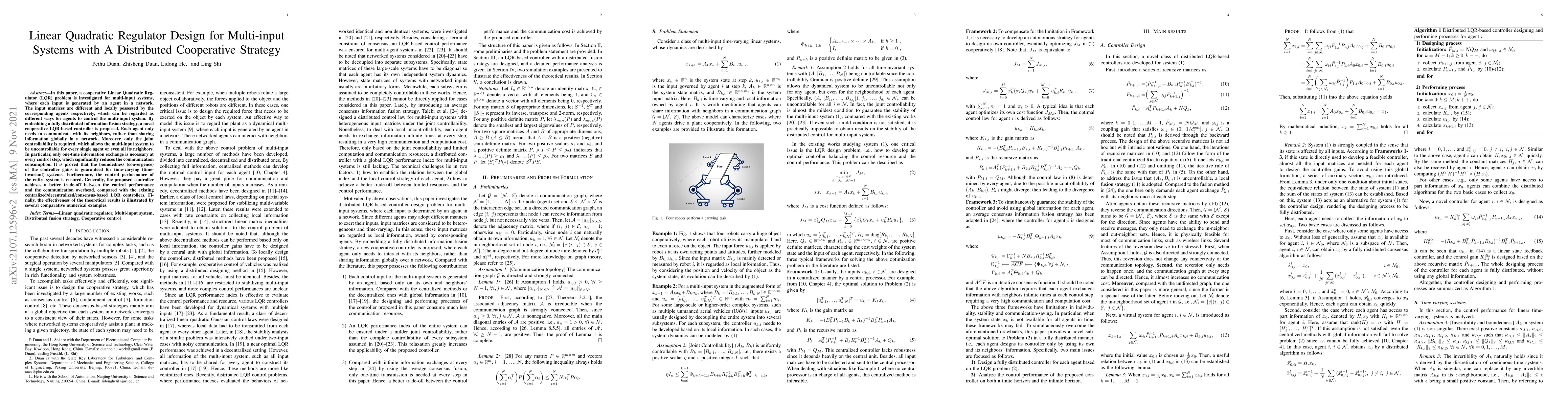 Thumbnail for Linear Quadratic Regulator Design for Multi-input Systems with A
  Distributed Cooperative Strategy