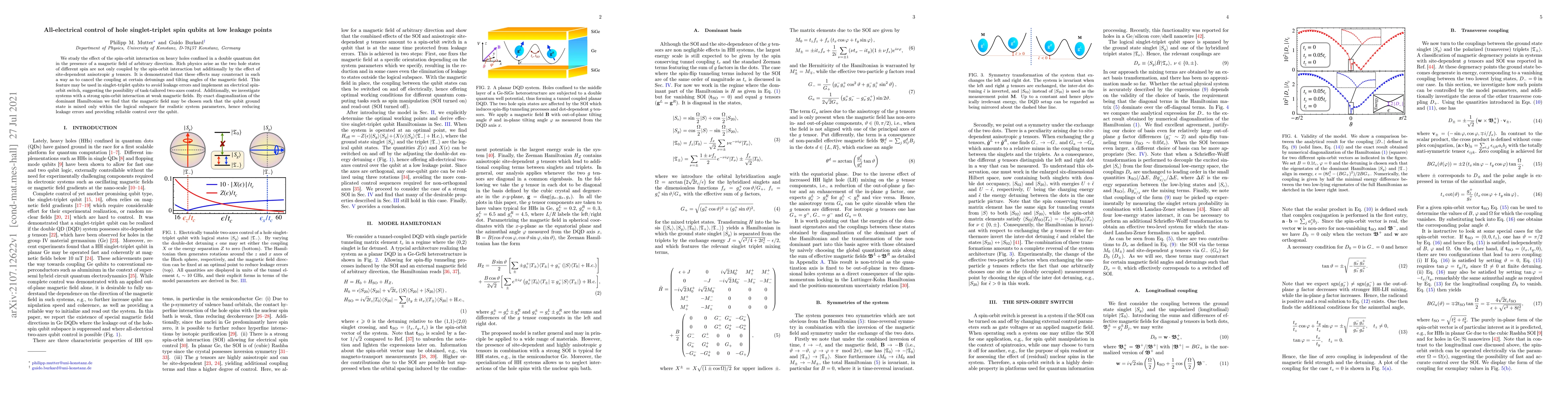 Thumbnail for All-electrical control of hole singlet-triplet spin qubits at low
  leakage points