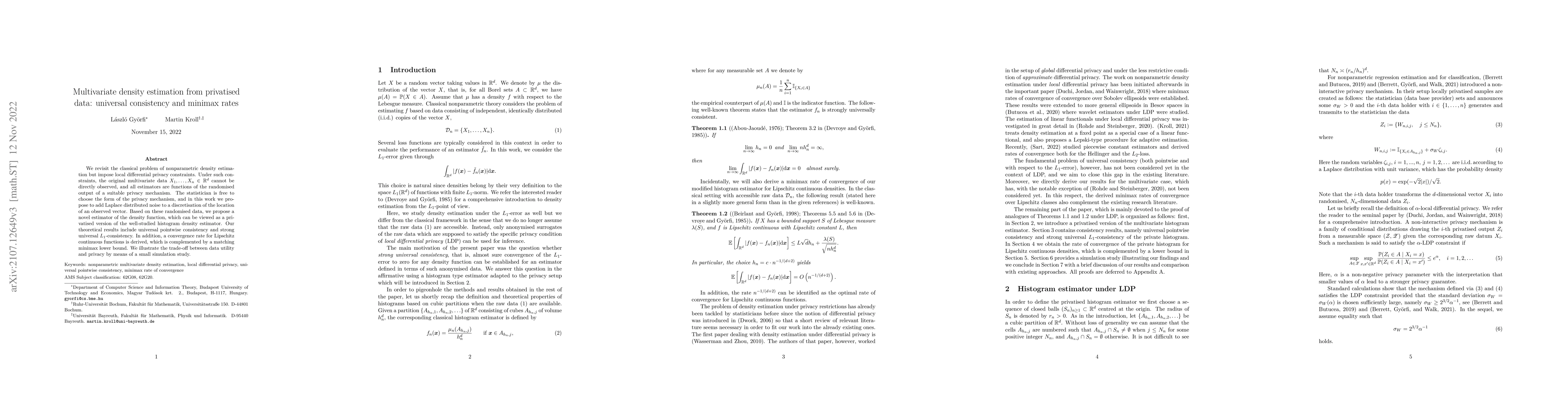 Thumbnail for Multivariate density estimation from privatised data: universal
  consistency and minimax rates