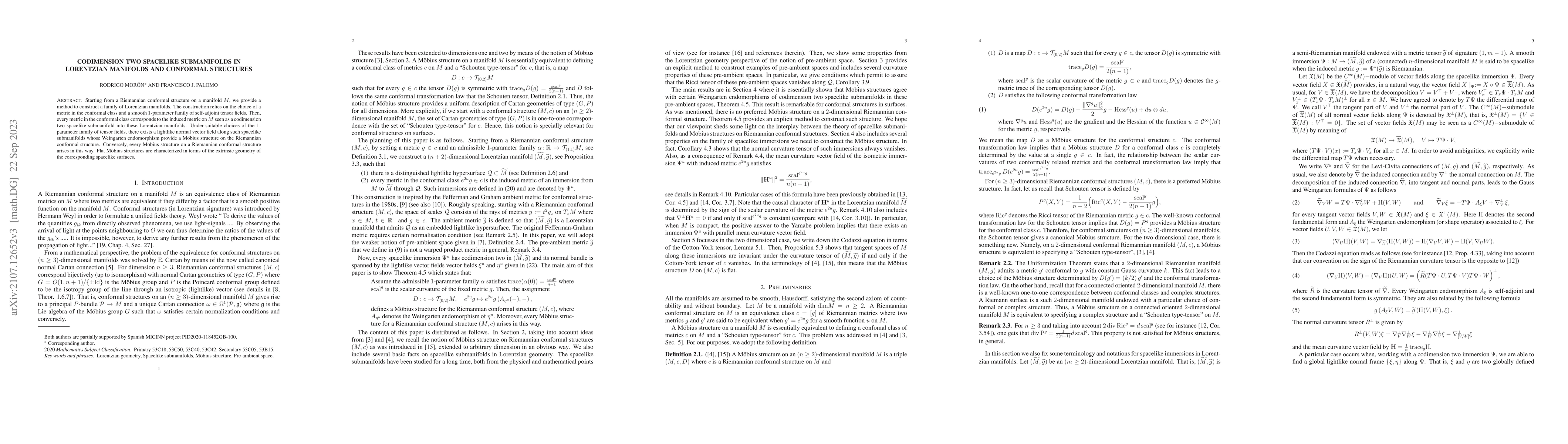 Thumbnail for Codimension two spacelike submanifolds in Lorentzian manifolds and
  conformal structures