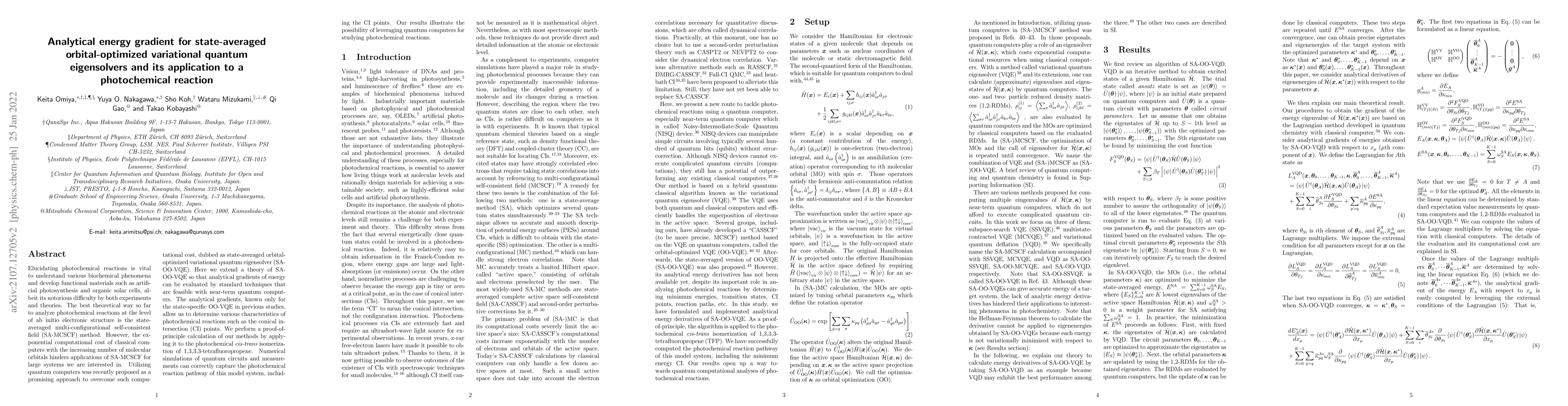Thumbnail for Analytical energy gradient for state-averaged orbital-optimized
  variational quantum eigensolvers and its application to a photochemical
  reaction