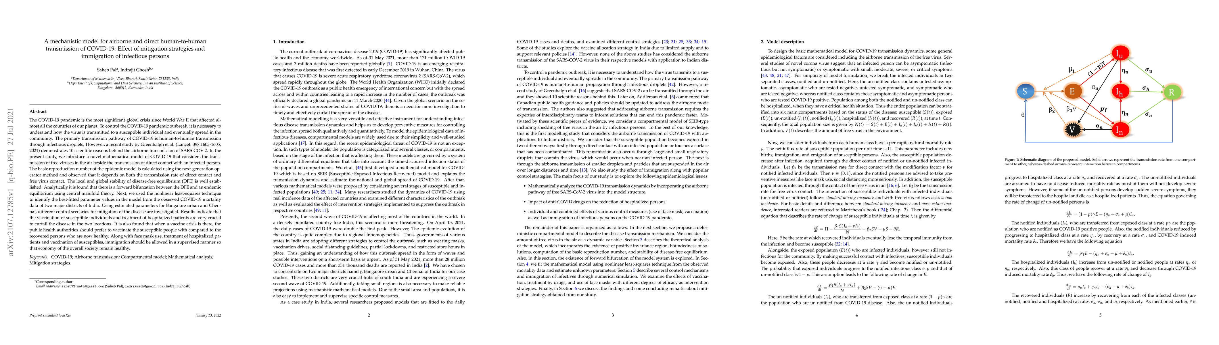 Thumbnail for A mechanistic model for airborne and direct human-to-human transmission
  of COVID-19: Effect of mitigation strategies and immigration of infectious
  persons