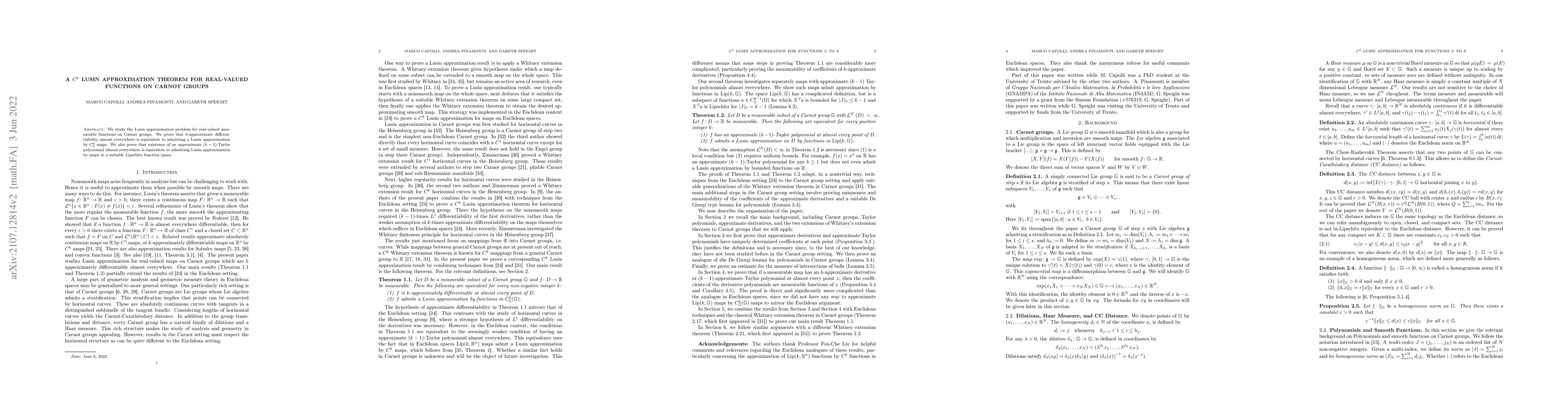 Thumbnail for A C^k Lusin Approximation Theorem For Real-Valued Functions on Carnot
  Groups
