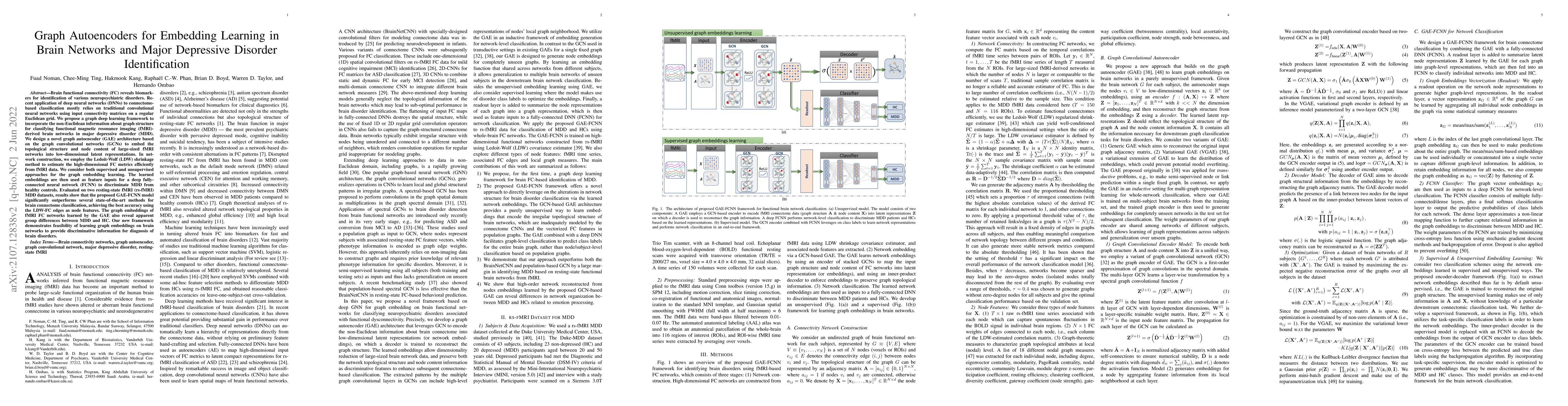 Thumbnail for Graph Autoencoders for Embedding Learning in Brain Networks and Major
  Depressive Disorder Identification