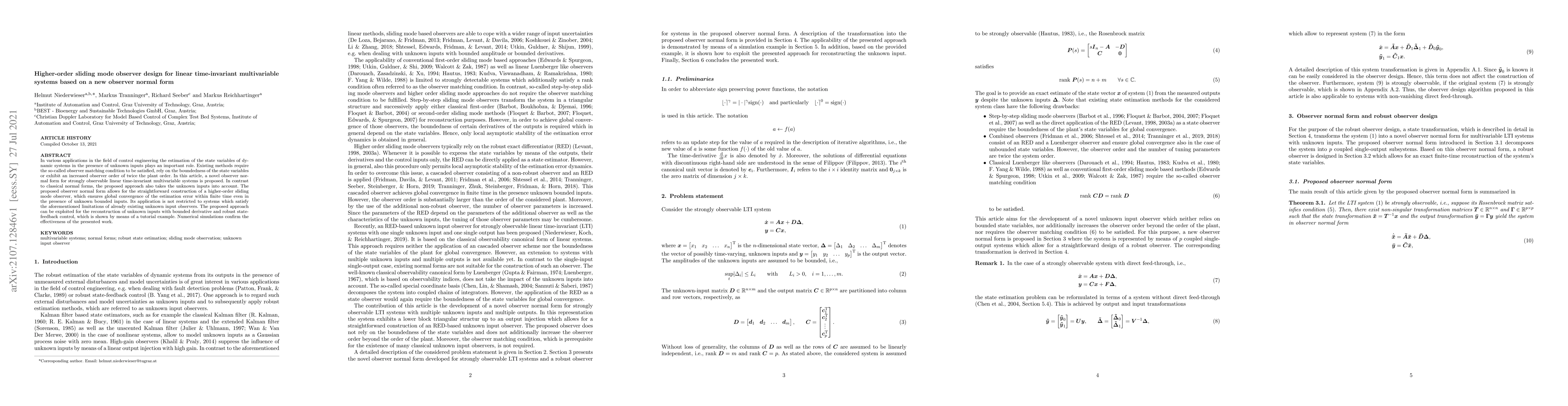 Thumbnail for Higher-order sliding mode observer design for linear time-invariant
  multivariable systems based on a new observer normal form